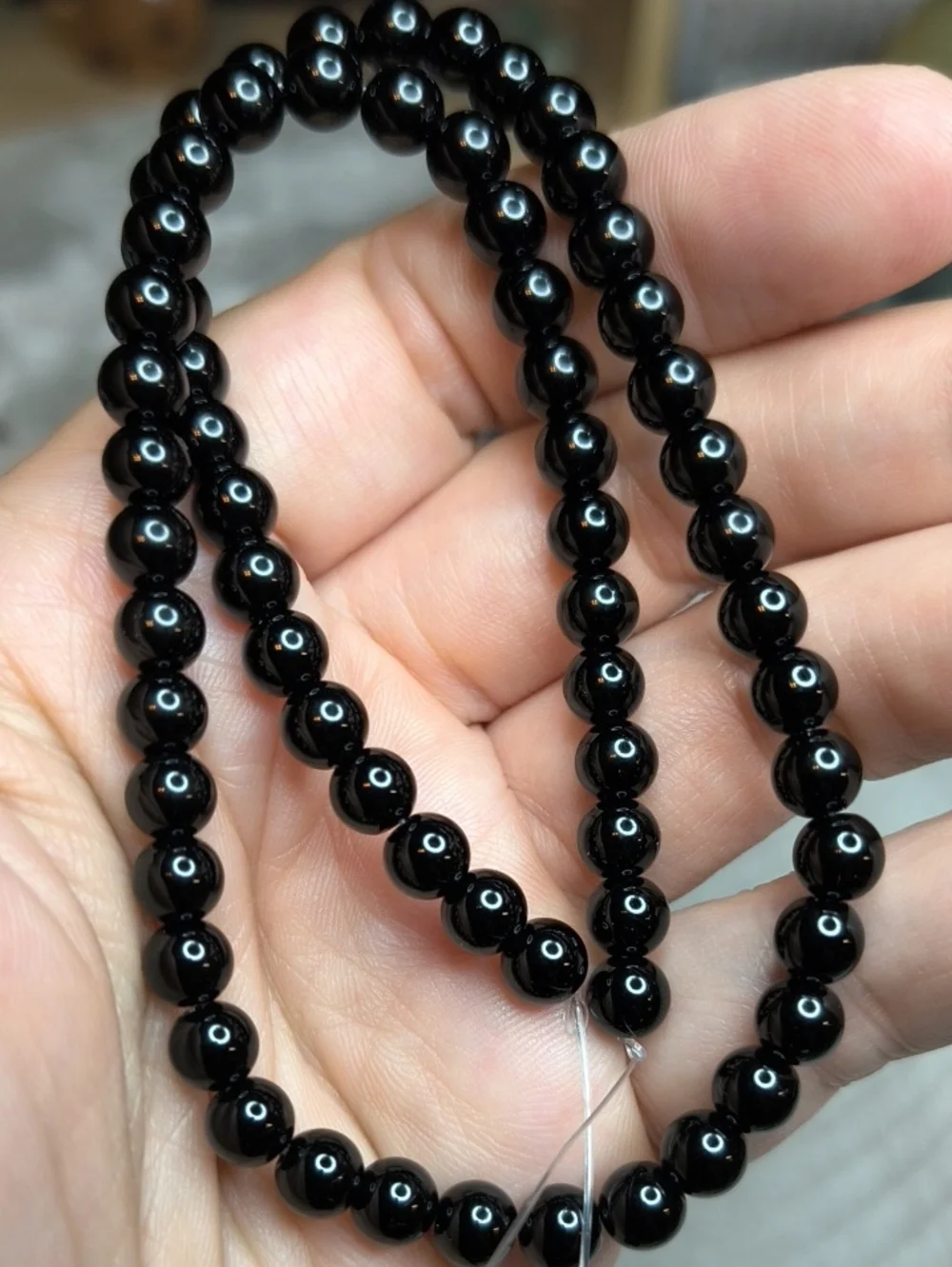#5- 6mm Glossy Black Glass Beads Strand - 15 Inch